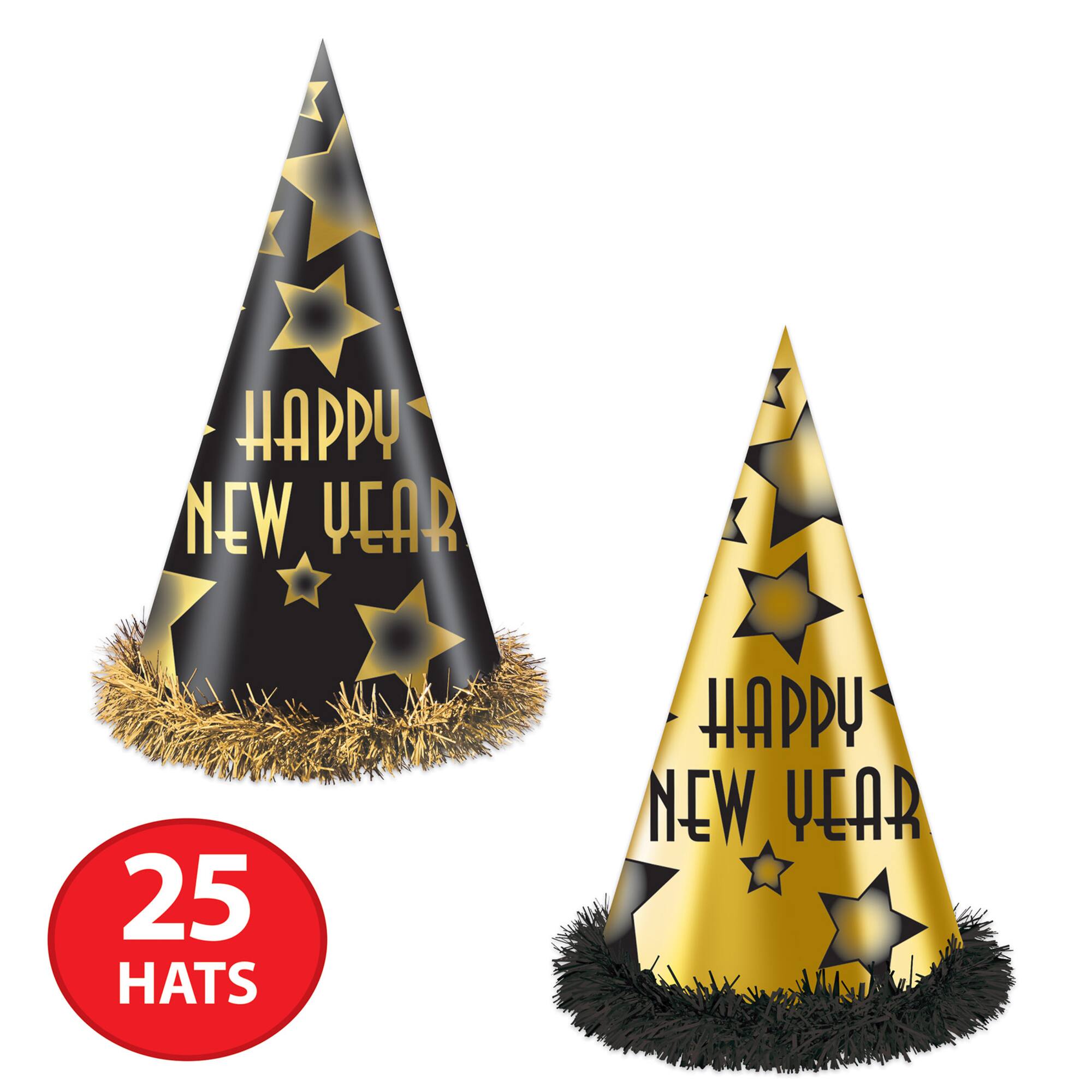 Beistle Black & Gold Happy New Year Party Hats, 25ct.
